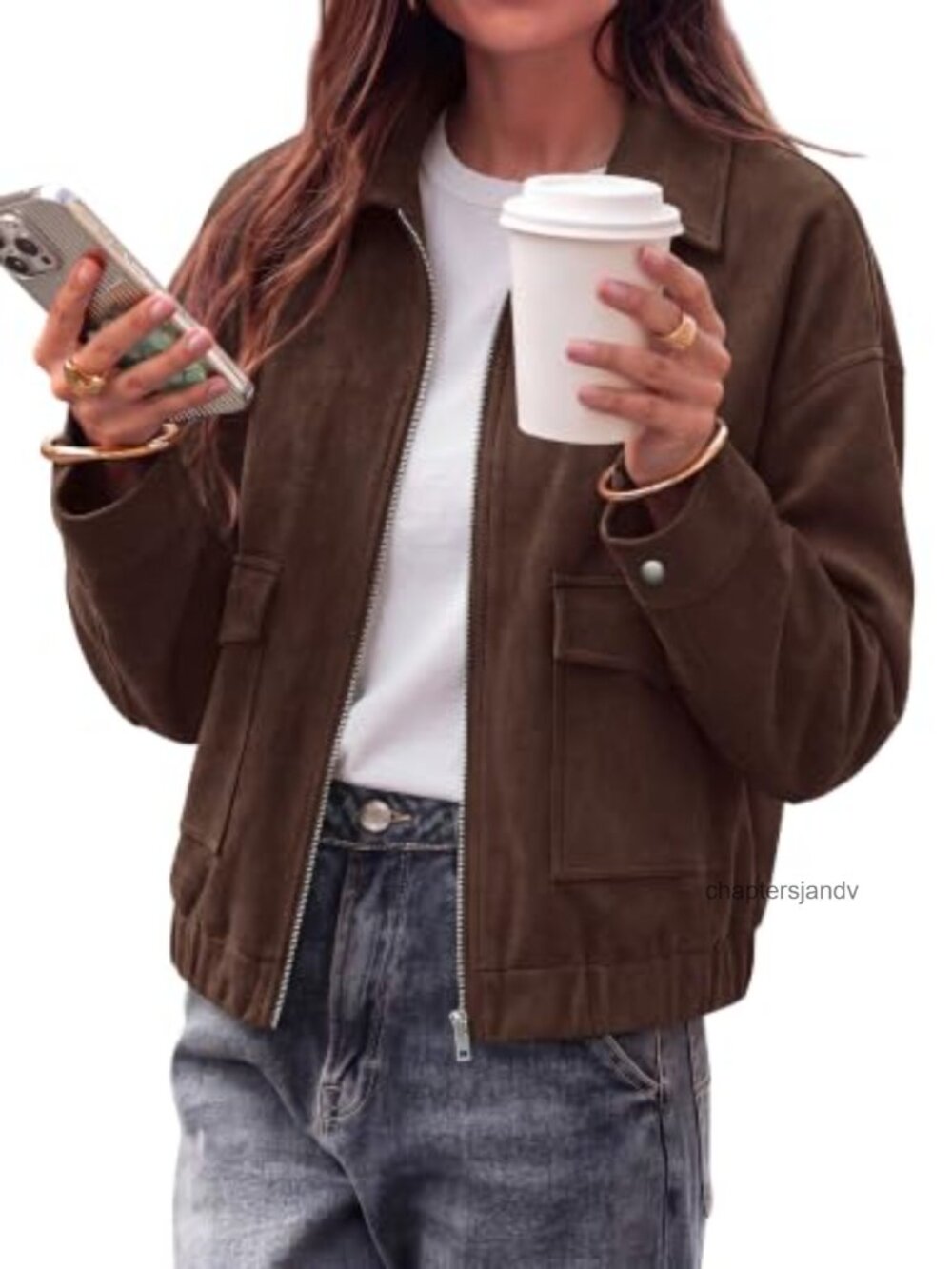 Faux Suede Cropped Bomber Jacket Zip Up Casual Coat